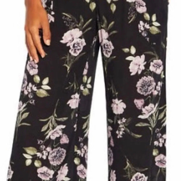 Three Dots Wide-Leg Pant Gorgeous Romantic Flora Purple Black & White Pattern - Picture 4 of 10